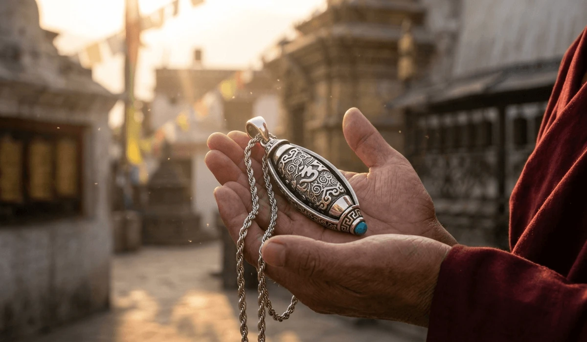 A close-up of a sterling silver Om Mani Padme Hum mantra necklace held in hands, symbolizing Tibetan Buddhist compassion and wisdom.