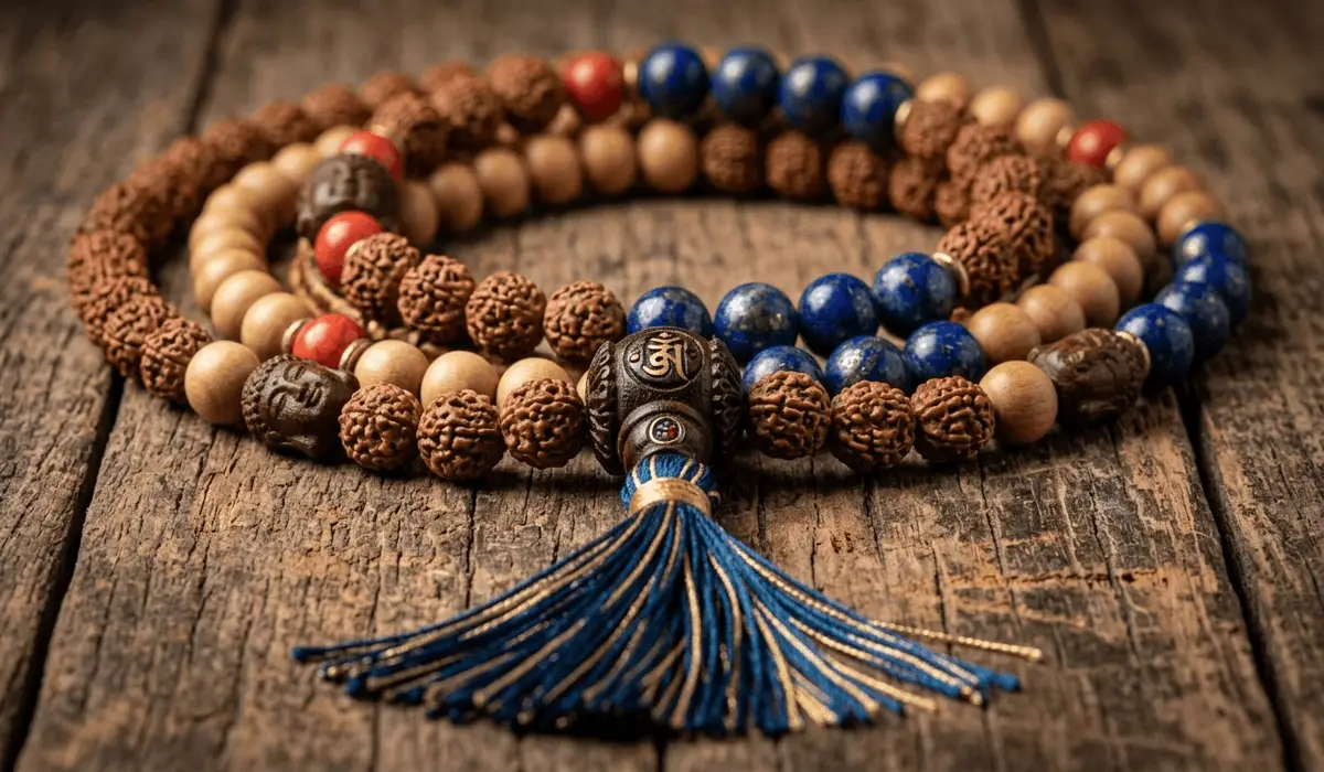 Detailed close-up of gemstone mala beads showing the Guru bead and tassel, representing traditional Buddhist prayer beads and modern craftsmanship.