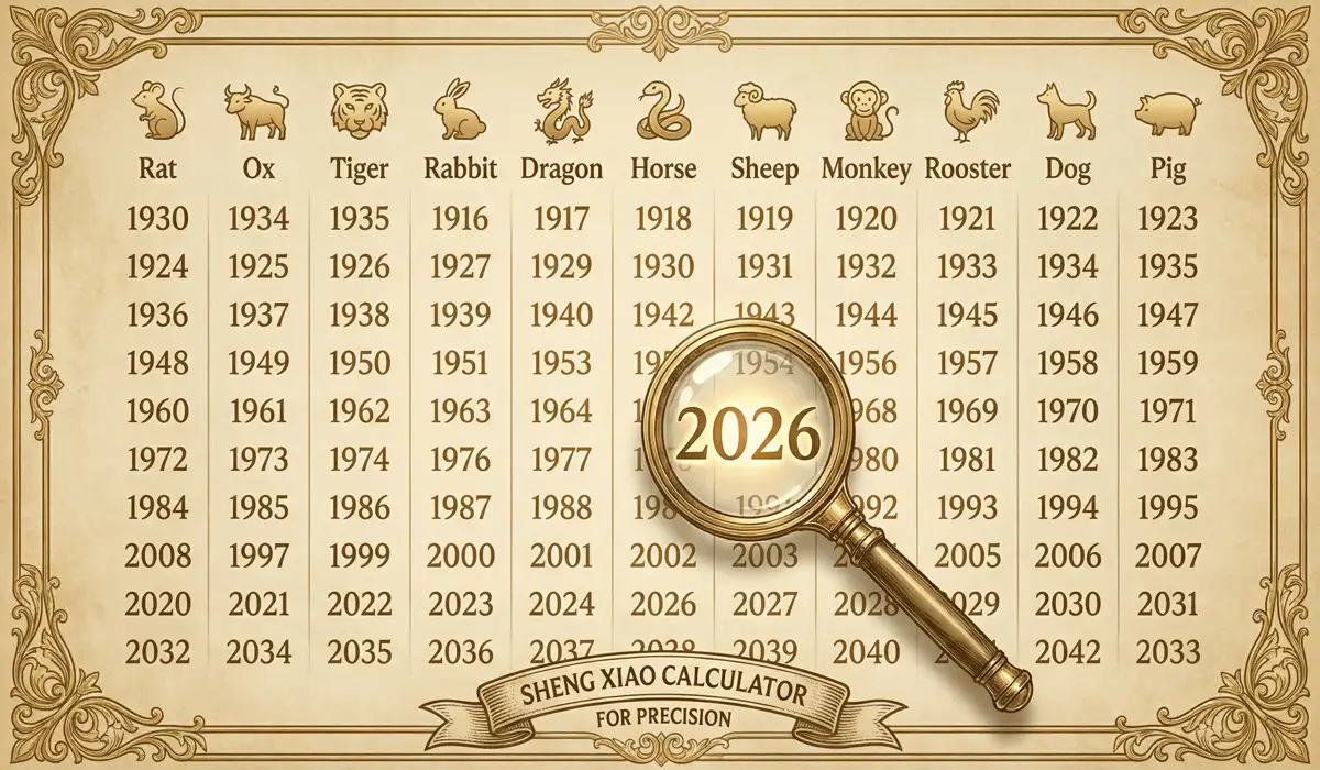 A decorative Chinese zodiac birth year chart from 1930 to 2030 featuring gold animal icons and birth years.