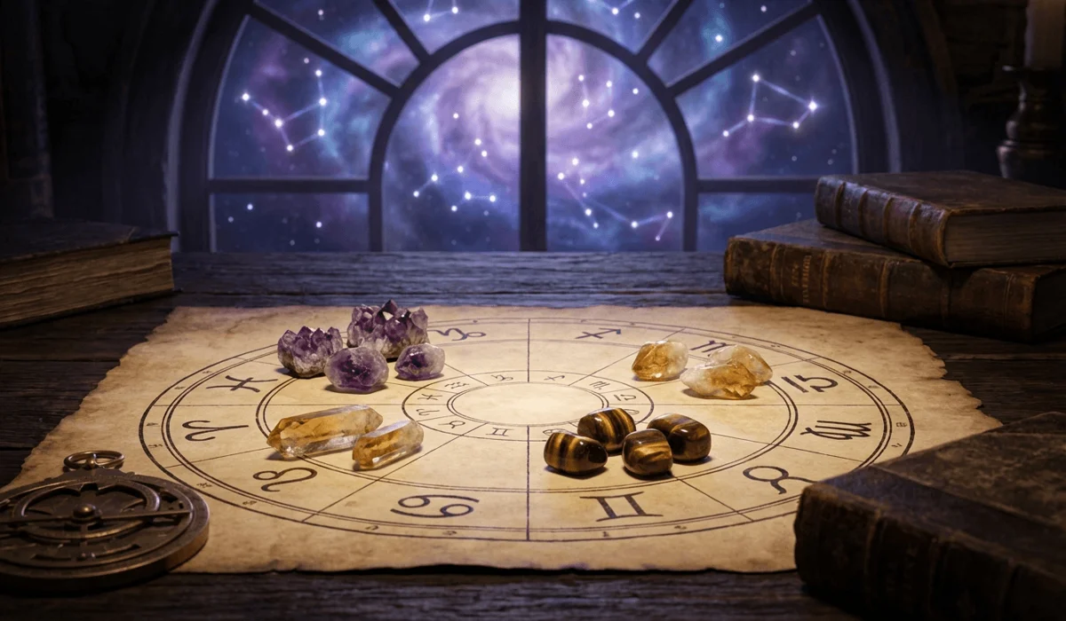 A comprehensive zodiac birthstone chart featuring various healing crystals placed on astrological symbols under a starry night sky.