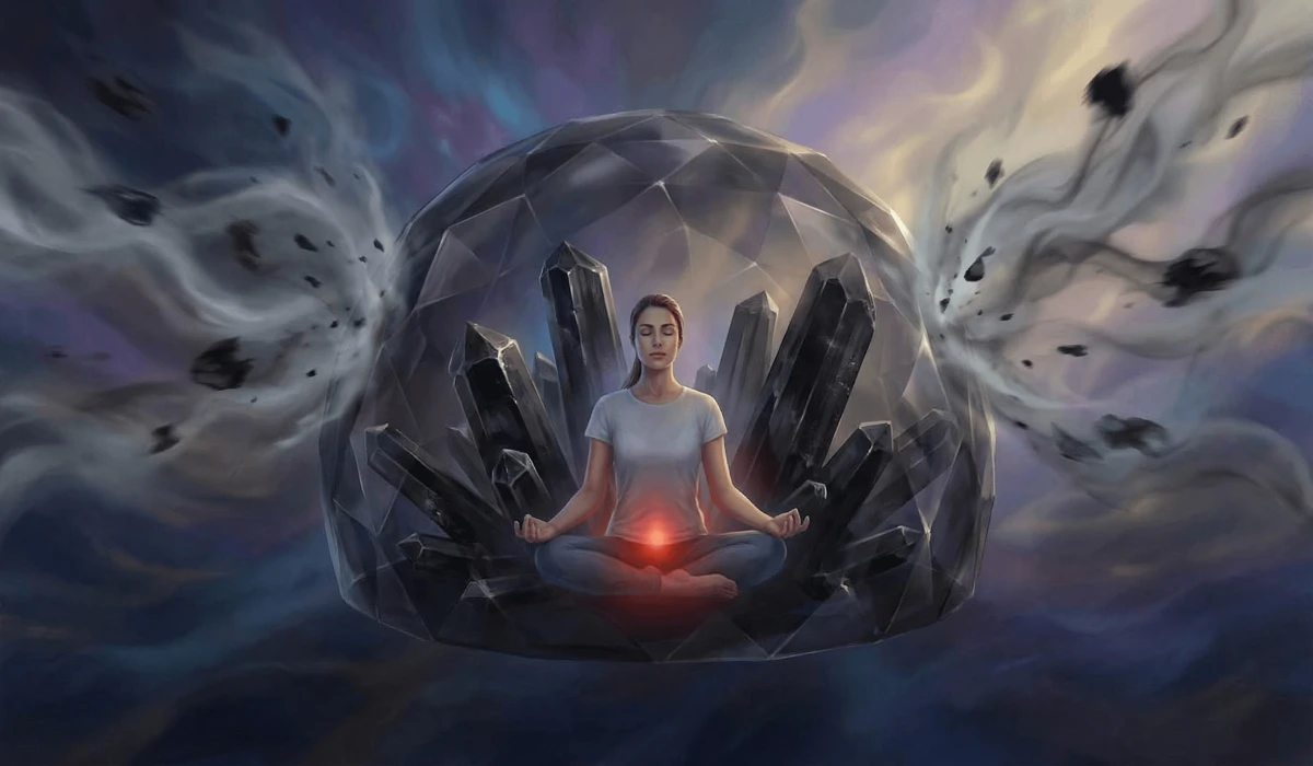 Visual representation of a protective crystal shield and Root Chakra alignment using Black Tourmaline energy.
