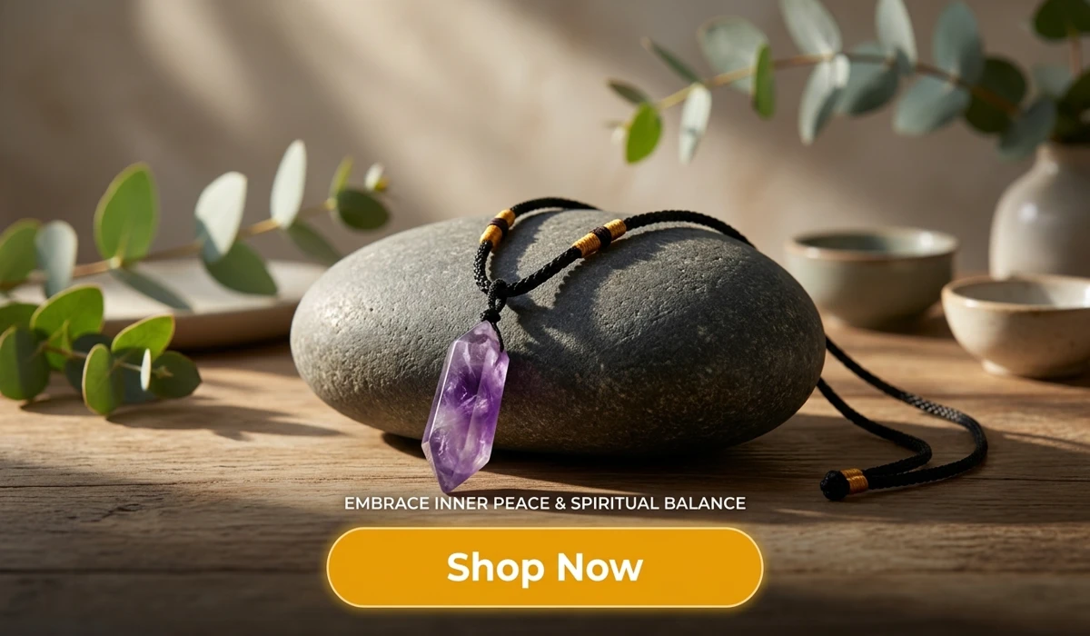 Amethyst Serenity Necklace for spiritual balance and inner peace, luxury crystal jewelry product image with Shop Now button