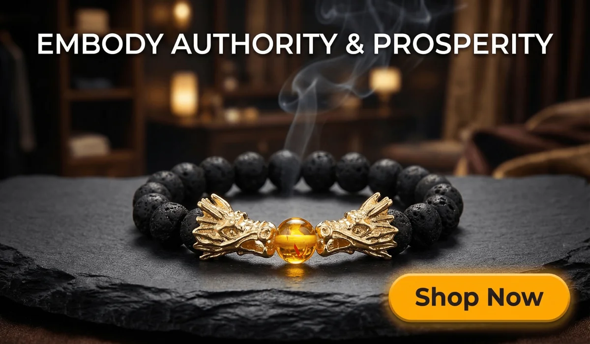 High-end Double Dragon Head Lava Stone Amber Bracelet for authority and prosperity, featuring black lava beads and gold dragon accents, ideal for men's fashion and spiritual growth.