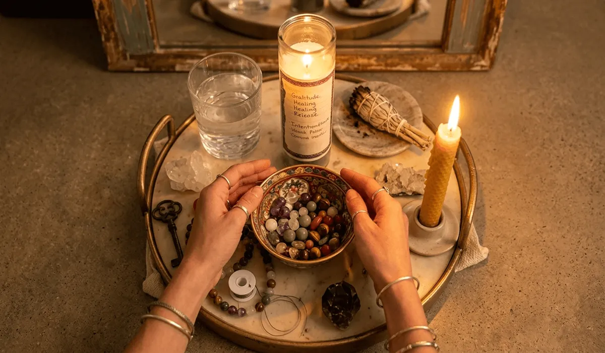A practitioner performing a ritual with broken mala beads on a sacred altar with candles and sage to honor the fulfillment of a spiritual intention.