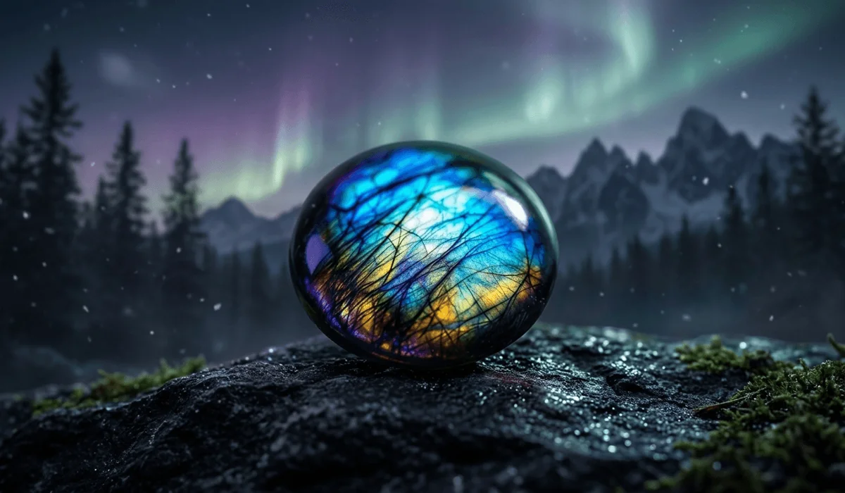 Close-up of a labradorite gemstone showing blue and gold labradorescence flashes with a Northern Lights themed background.