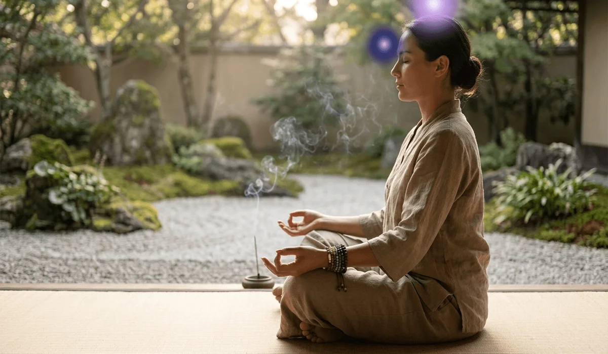 A person wearing an Eaglewood bracelet for spiritual grounding and meditation, focusing on Third Eye and Crown chakra alignment.