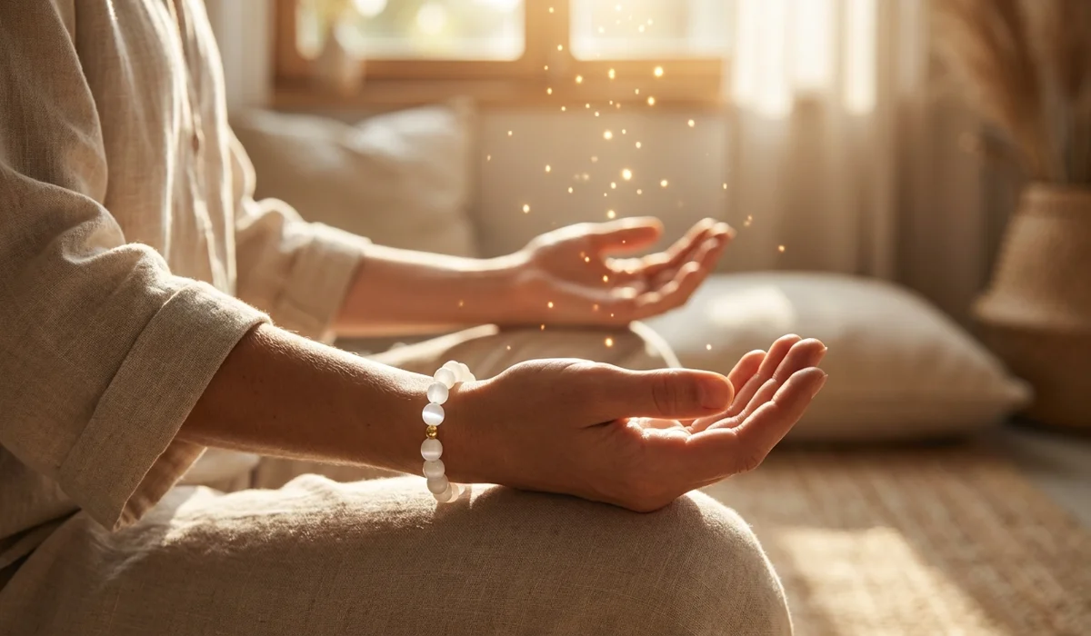 A Selenite bracelet worn on the left hand during meditation to receive spiritual guidance.
