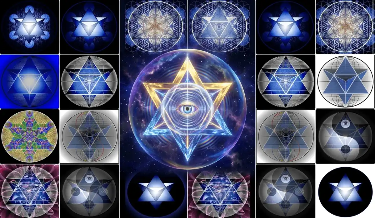 Luminous sacred geometry visualization of the Star of David and Evil Eye forming a cosmic energetic shield.