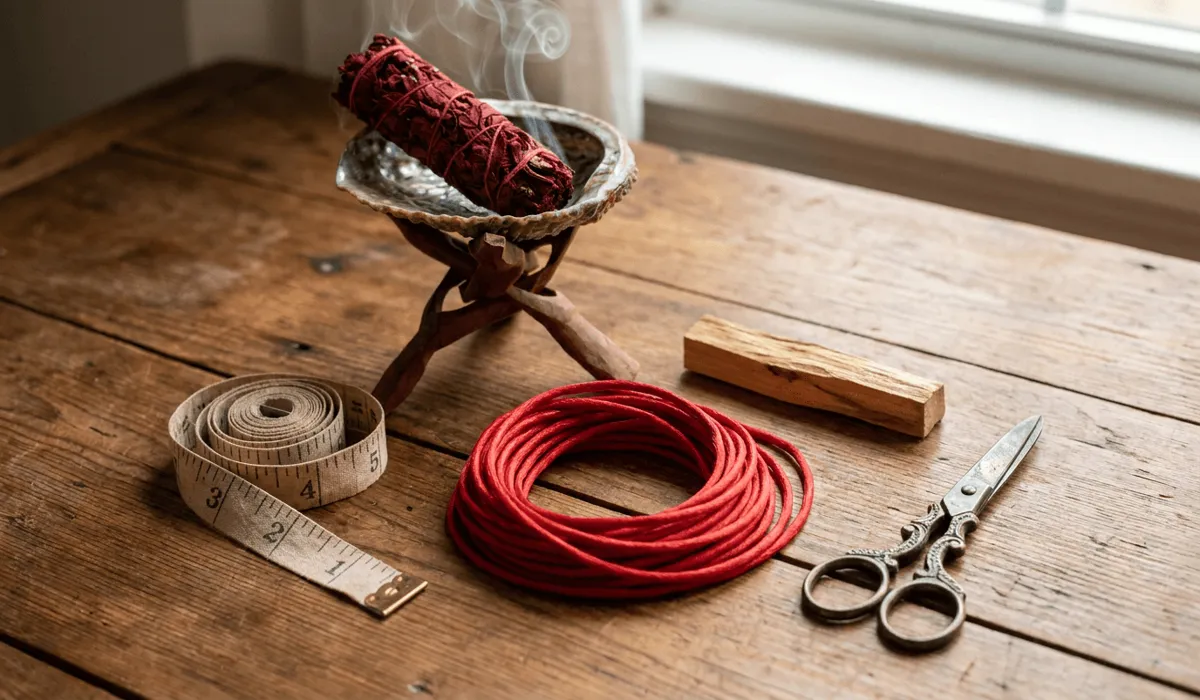 Preparation materials for red waist cord ritual including natural red silk thread, burning white sage incense, measuring tape, and ritual scissors on wood surface.