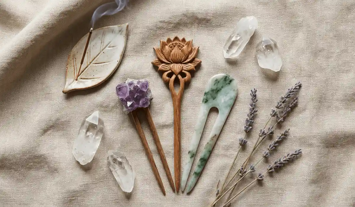 Flatlay comparison of natural wooden, jade, and crystal hairpins alongside raw crystals and incense.