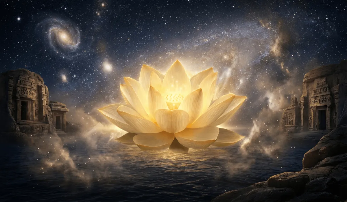 Ancient sacred legend illustration of a golden lotus blooming in a cosmic ocean symbolizing the origin of the universe.