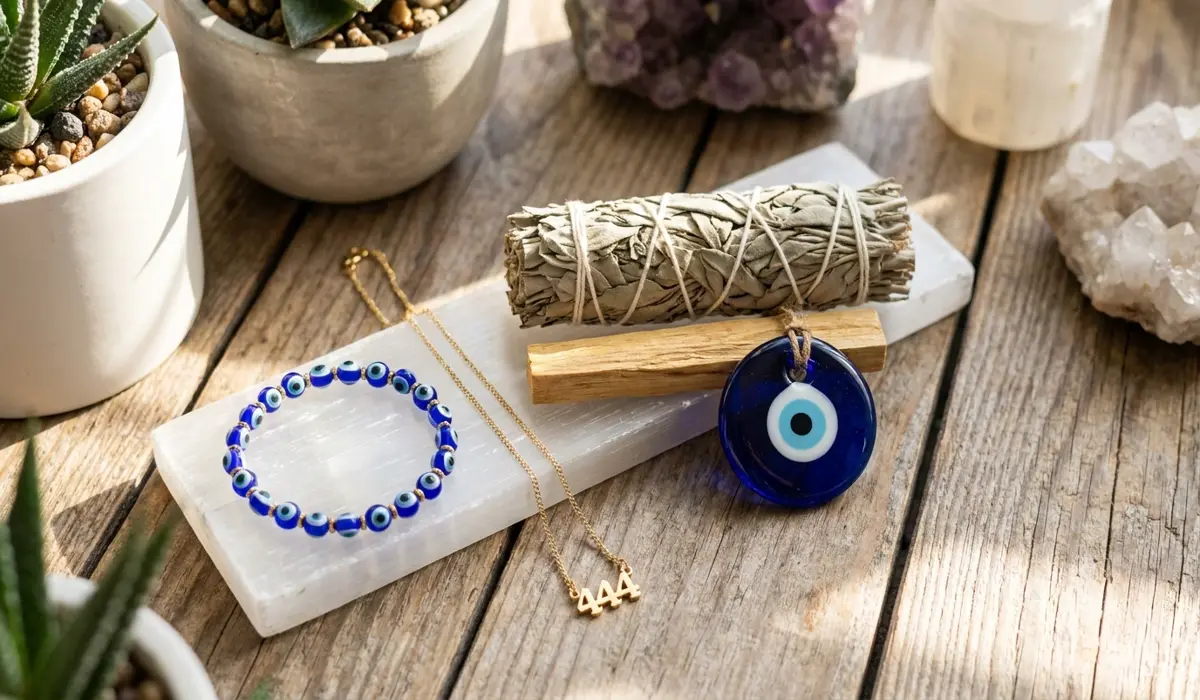 Spiritual cleansing tools including selenite, sage, palo santo, 444 necklace, and evil eye jewelry for ritual preparation.