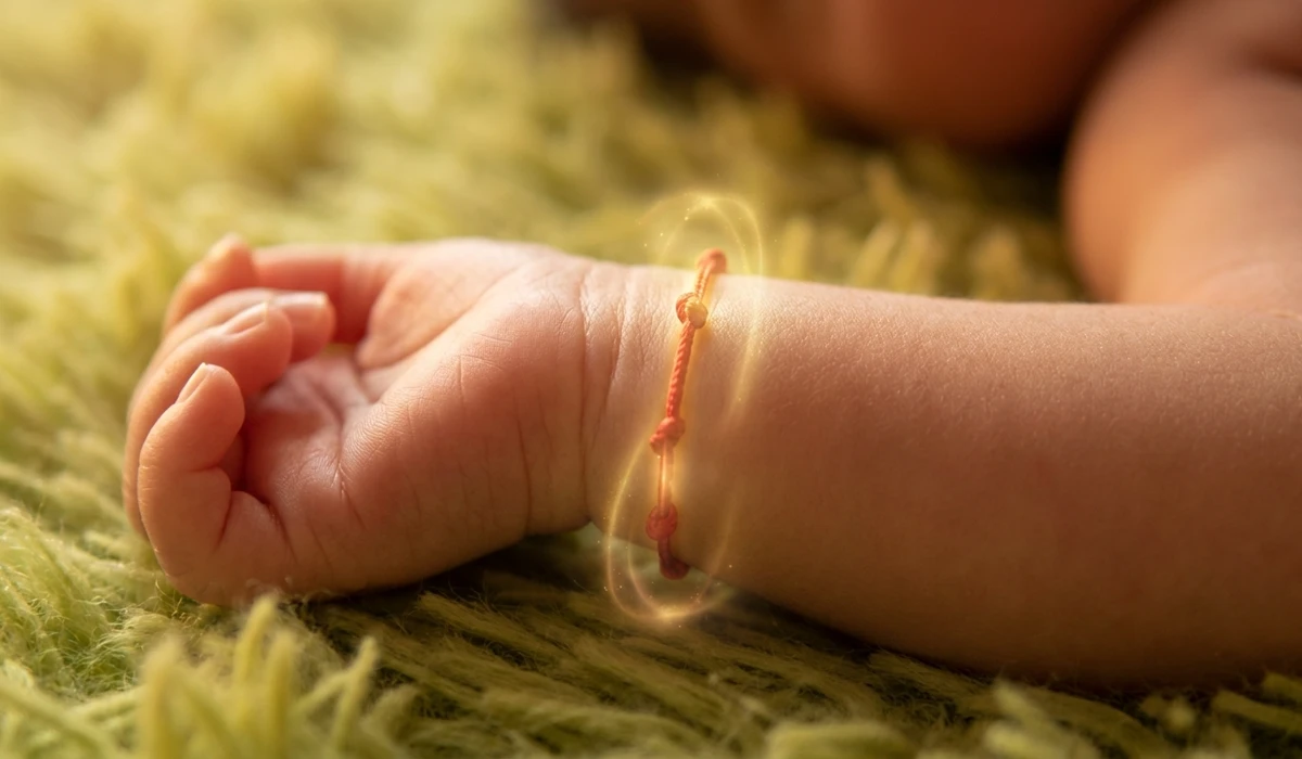 Close-up of a baby wearing a protective red string bracelet on the left hand, symbolizing a spiritual energy shield.