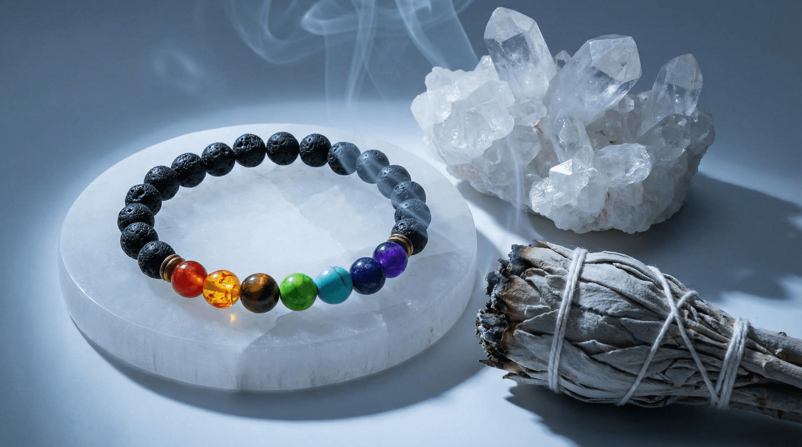 7 chakra lava stone bracelet being cleansed and recharged on a Selenite plate with sage smoke.