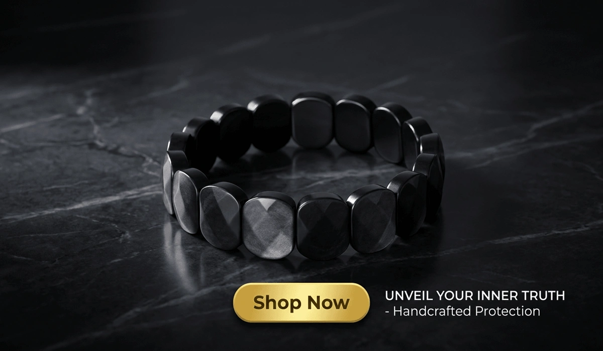 Silver Sheen Obsidian Flat Beaded Bracelet known as The Mirror of Truth, luxury spiritual jewelry for protection and clarity, featured in a high-end commercial style with a Shop Now button.