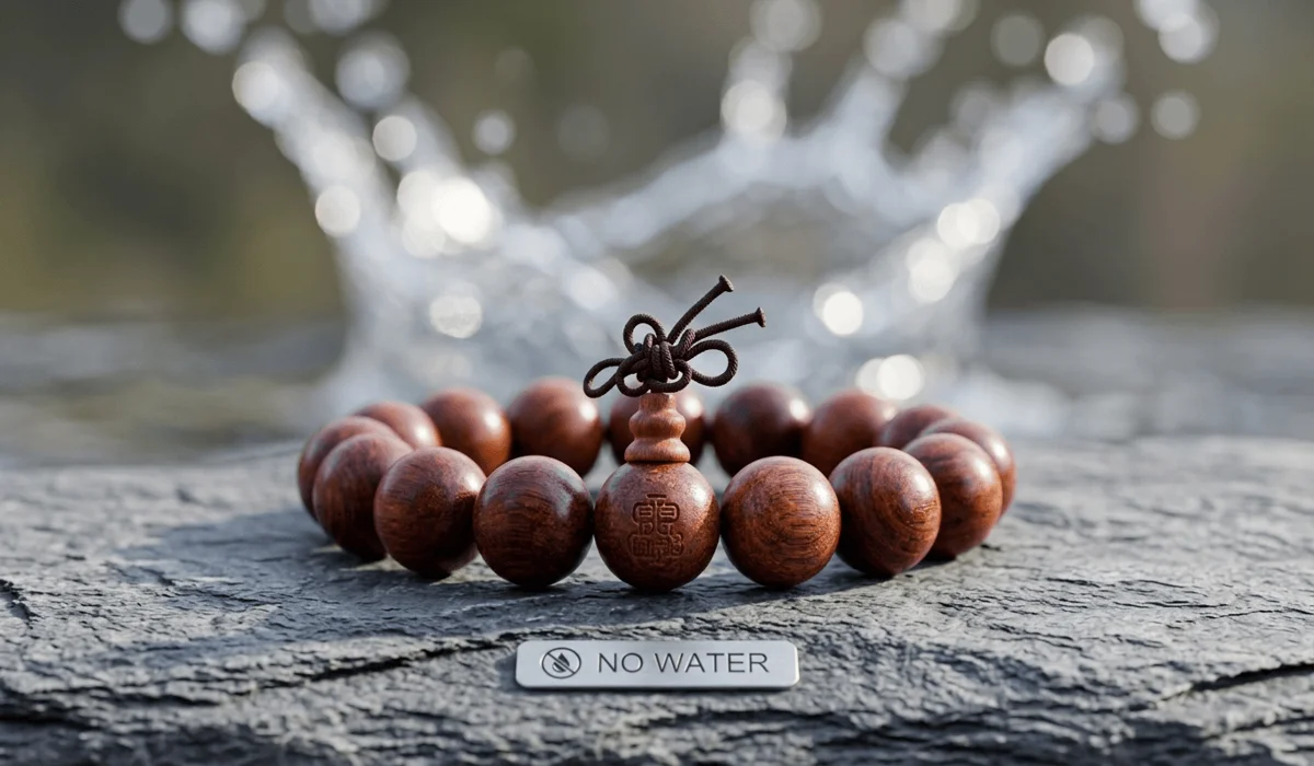 A detailed close-up of a rosewood bracelet on a dry stone, highlighting its natural grain and warning against water exposure for rosewood care.