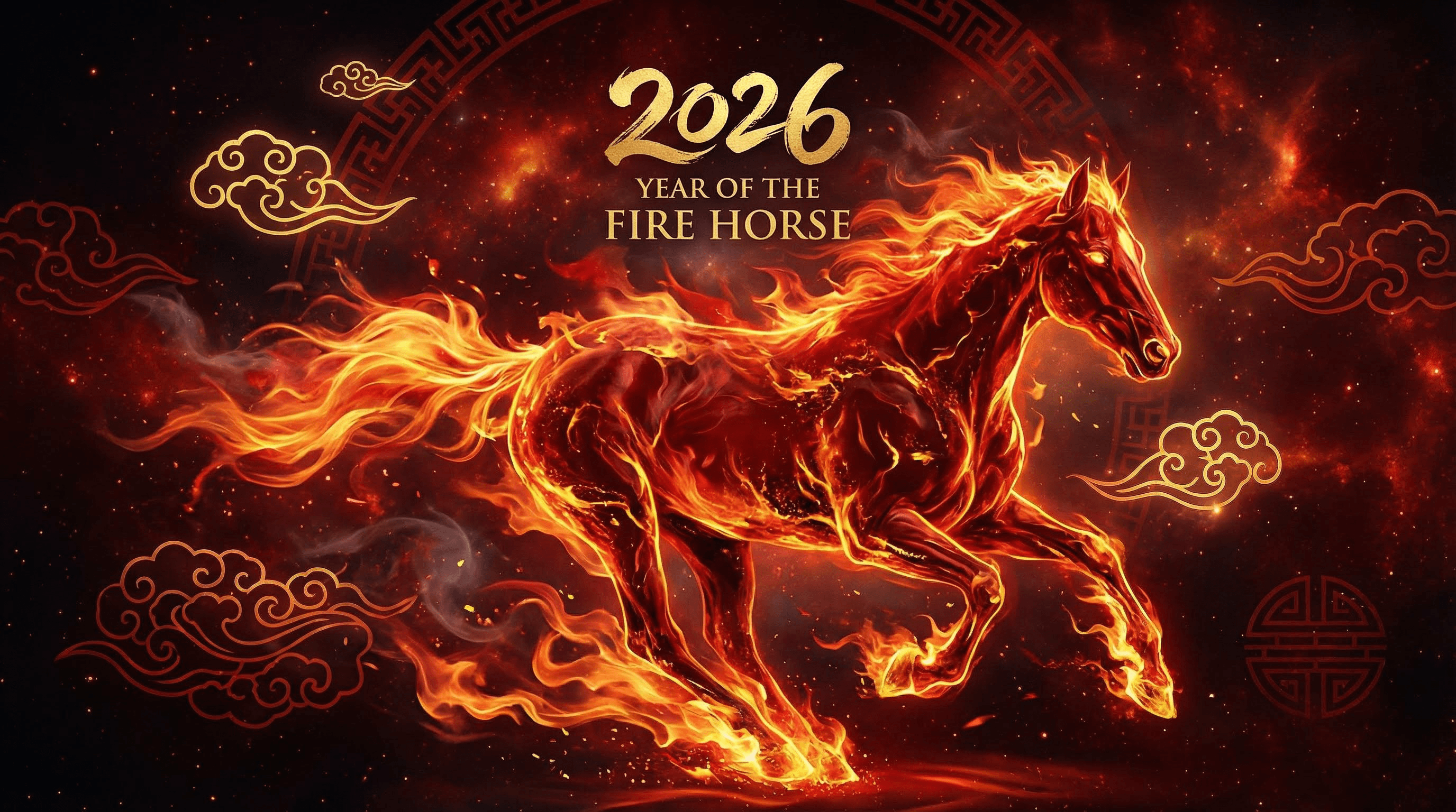 A majestic digital art piece of the 2026 Year of the Fire Horse featuring crimson flames and golden embers in a celestial void.