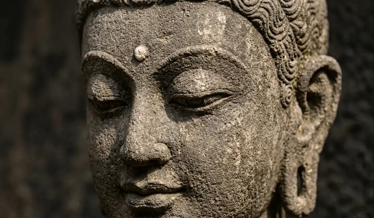 Close-up of a stone Buddha head showing symbolic features like the third eye and serene smile.