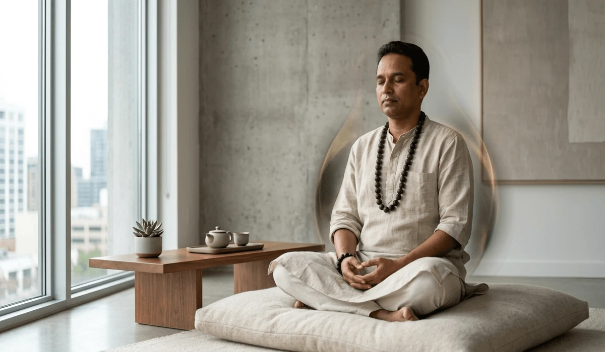A person wearing a Karungali mala for mental clarity and spiritual protection in a modern professional environment.