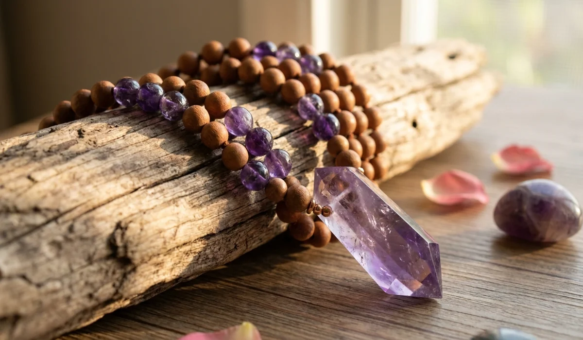 A close-up of a meditation mala made of aromatic sandalwood beads and purple amethyst crystals resting on a natural wood surface to symbolize grounding and spiritual height.