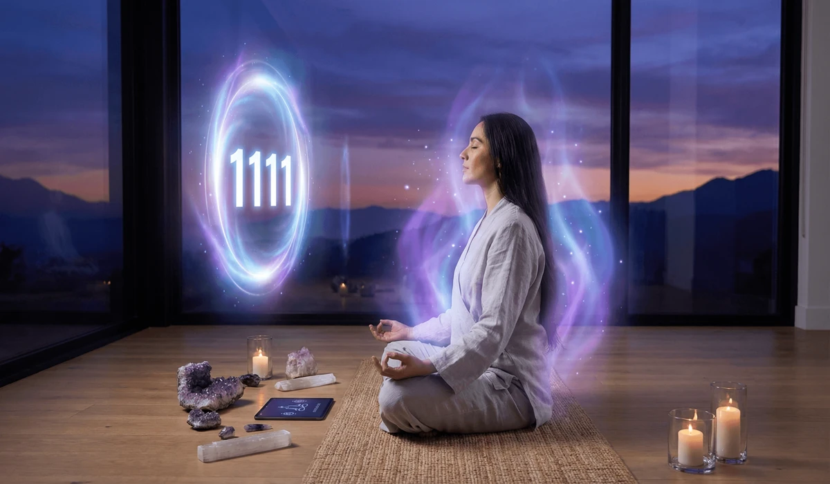 A woman meditating in front of a glowing 1111 portal, practicing spiritual alignment and quantum jumping visualization.