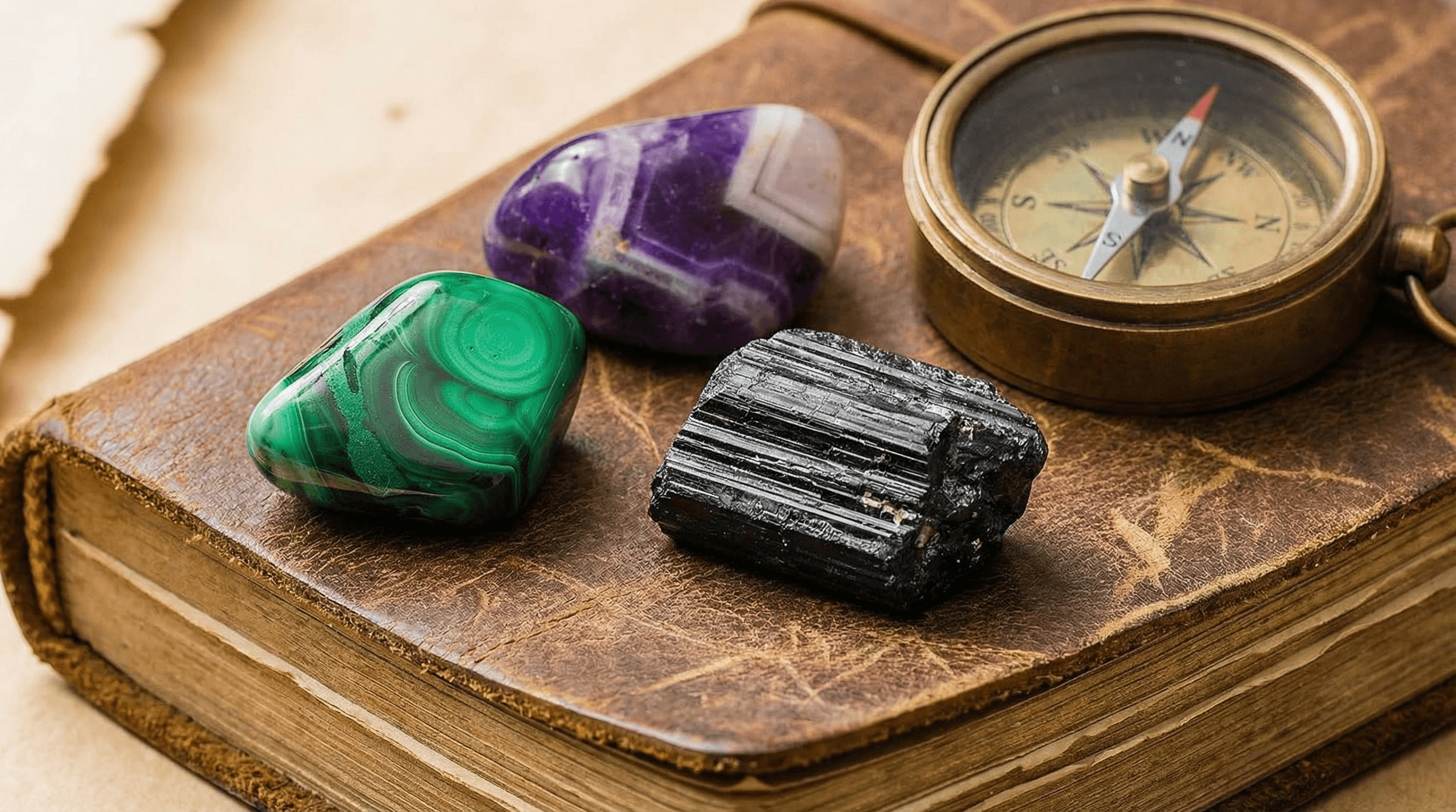 Close-up of Malachite, Amethyst, and Black Tourmaline crystals used in spiritual protection jewelry for travelers.
