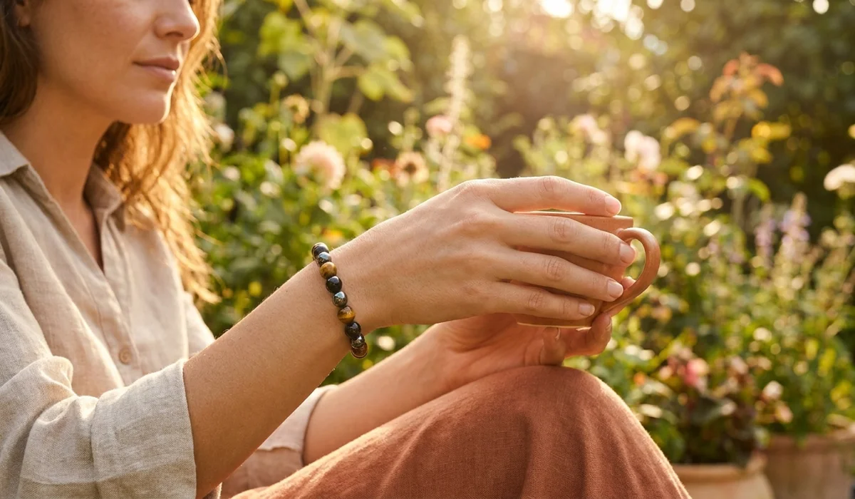 A woman wearing a Triple Protection Bracelet on her left hand for receiving grounding and protective energy.