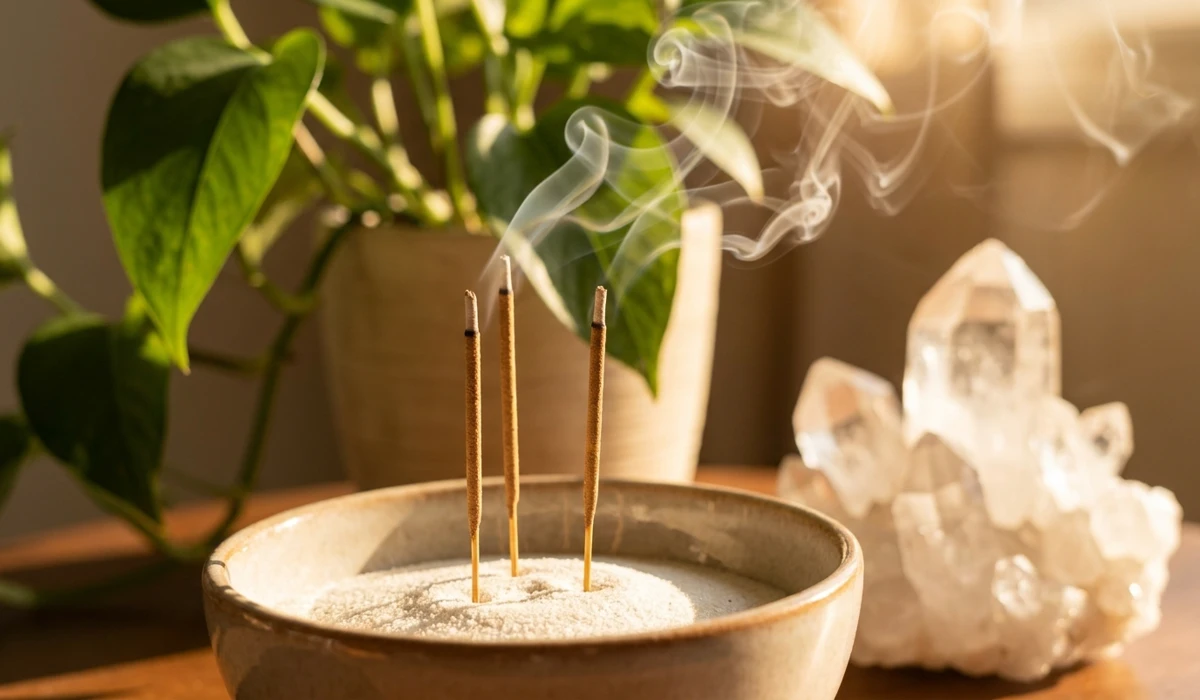 Three Taoist incense sticks burning in a purified room with crystals and plants, representing harmonious Qi flow.