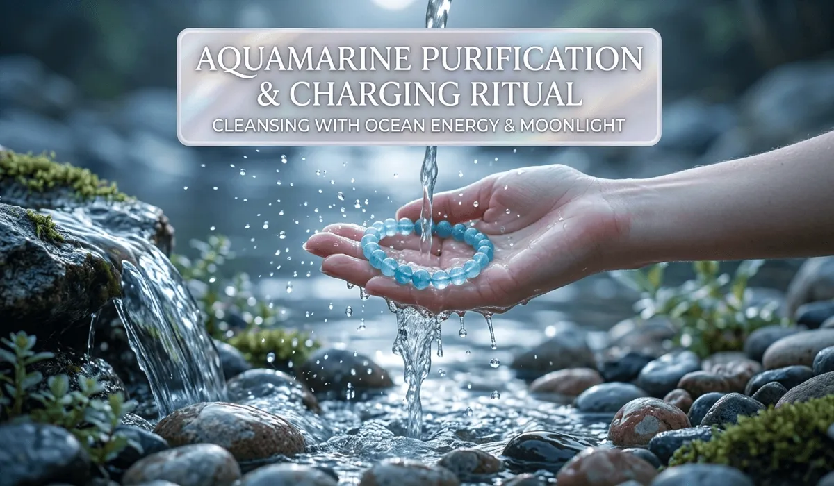 Cleansing an aquamarine bracelet under a stream of natural water to recharge its spiritual and metaphysical properties.