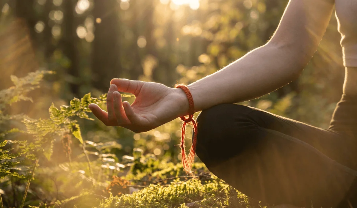 A woman meditating outdoors wearing a sacred red string bracelet on her left wrist for spiritual grounding and protection.