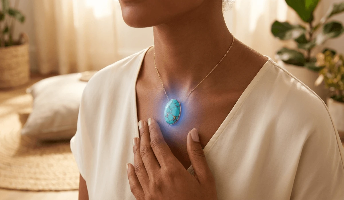 A turquoise pendant worn near the throat chakra to symbolize honest communication and spiritual expression.
