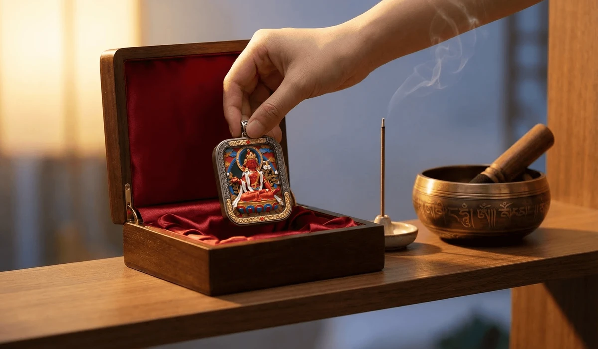 A Buddha necklace being placed in a silk-lined box on a high shelf as part of a sacred evening ritual.