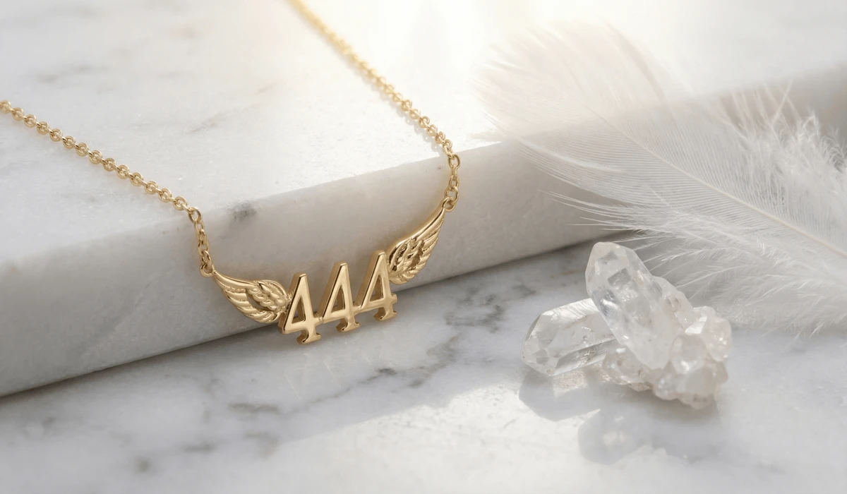 A gold 444 angel number necklace resting on marble with a white feather and crystals, symbolizing divine protection.