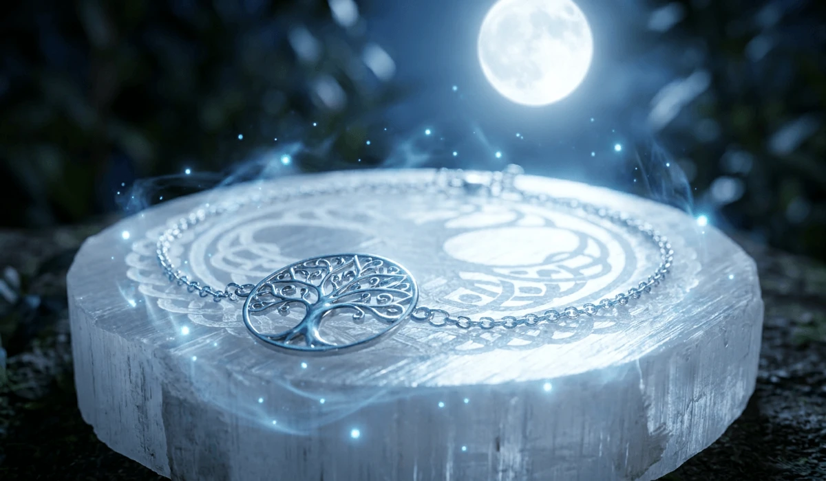 Tree of Life anklet resting on a selenite charging plate under full moonlight for spiritual energy cleansing