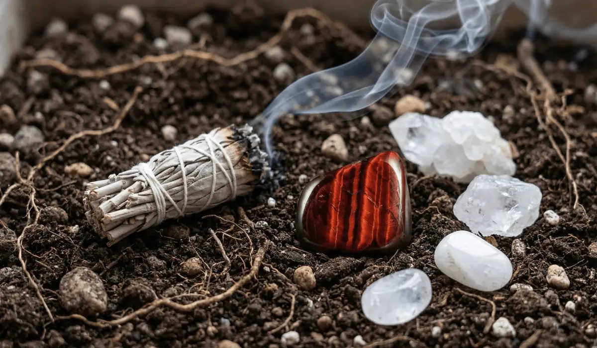 Red Tiger's Eye stone being cleansed with sage smoke and charged on the earth for spiritual protection.