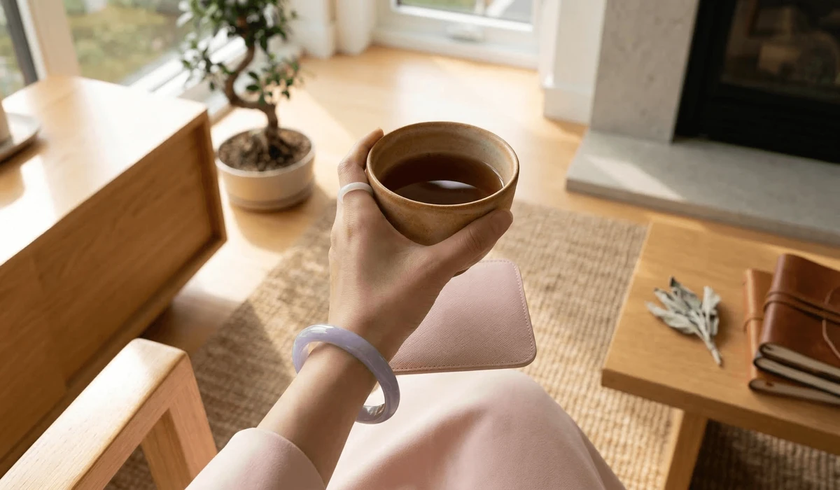 A woman wearing a jade bangle on her left hand for receiving positive energy and daily protection.