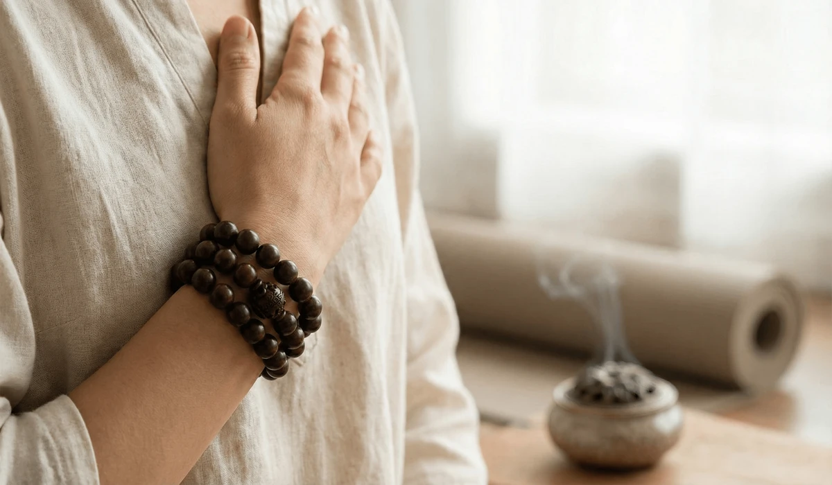 A sandalwood bracelet worn on the left wrist during a mindfulness practice, symbolizing the absorption of peaceful energy.