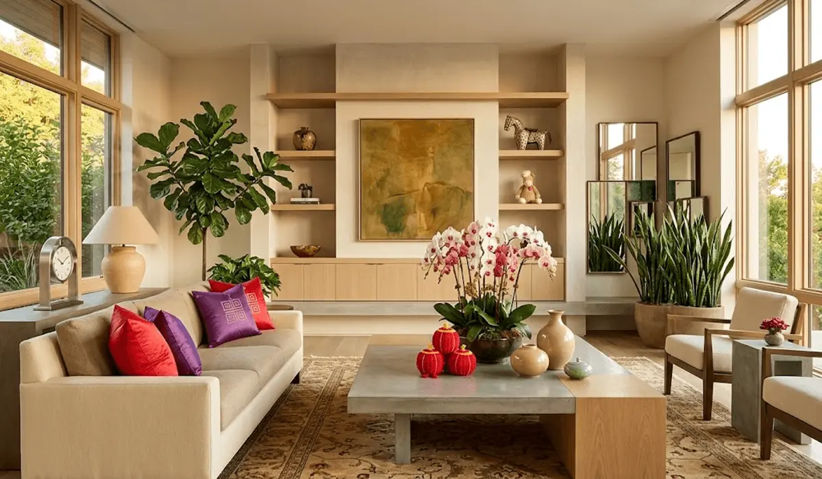 Interior design with 2026 lucky colors and elements including red, purple, and wood accents for the Fire Horse year.