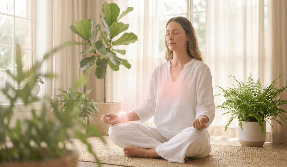 A woman wearing a rose quartz bracelet during meditation to align her heart chakra and promote inner peace.