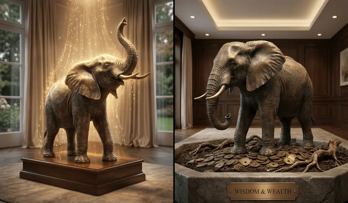 Comparison of trunk-up and trunk-down elephant statues representing blessings versus wealth storage in Feng Shui.