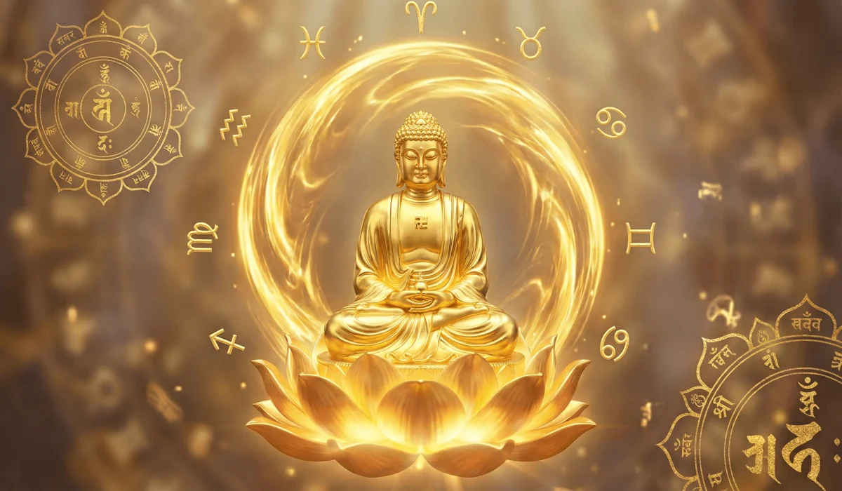 The sacred Guardian Buddha Ben Ming Fo radiating a golden protective aura for spiritual zodiac alignment.
