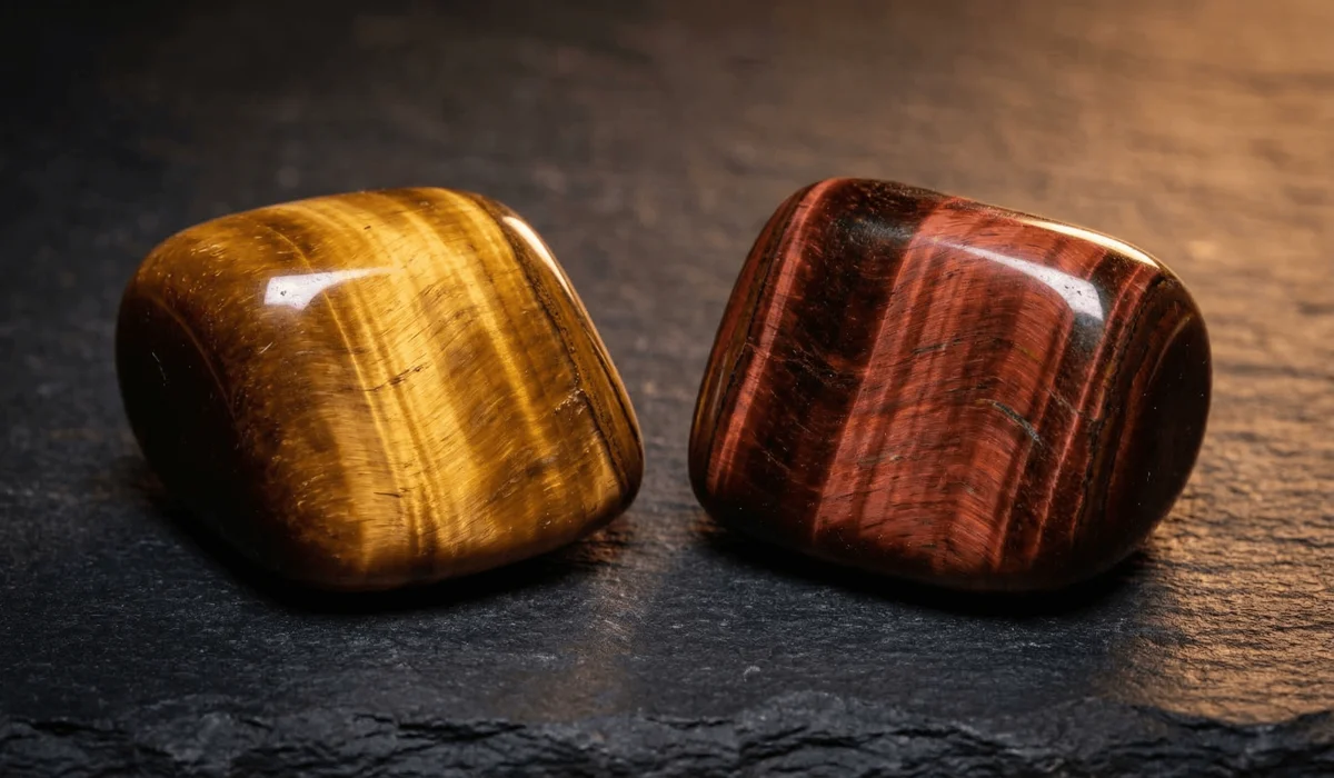 Side-by-side comparison of Golden Tiger's Eye and Red Tiger's Eye stones showing their unique chatoyancy and color differences.