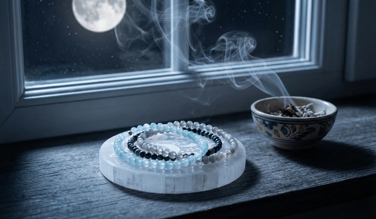 A Feng Shui bracelet being cleansed by moonlight and sage smoke on a selenite charging plate.