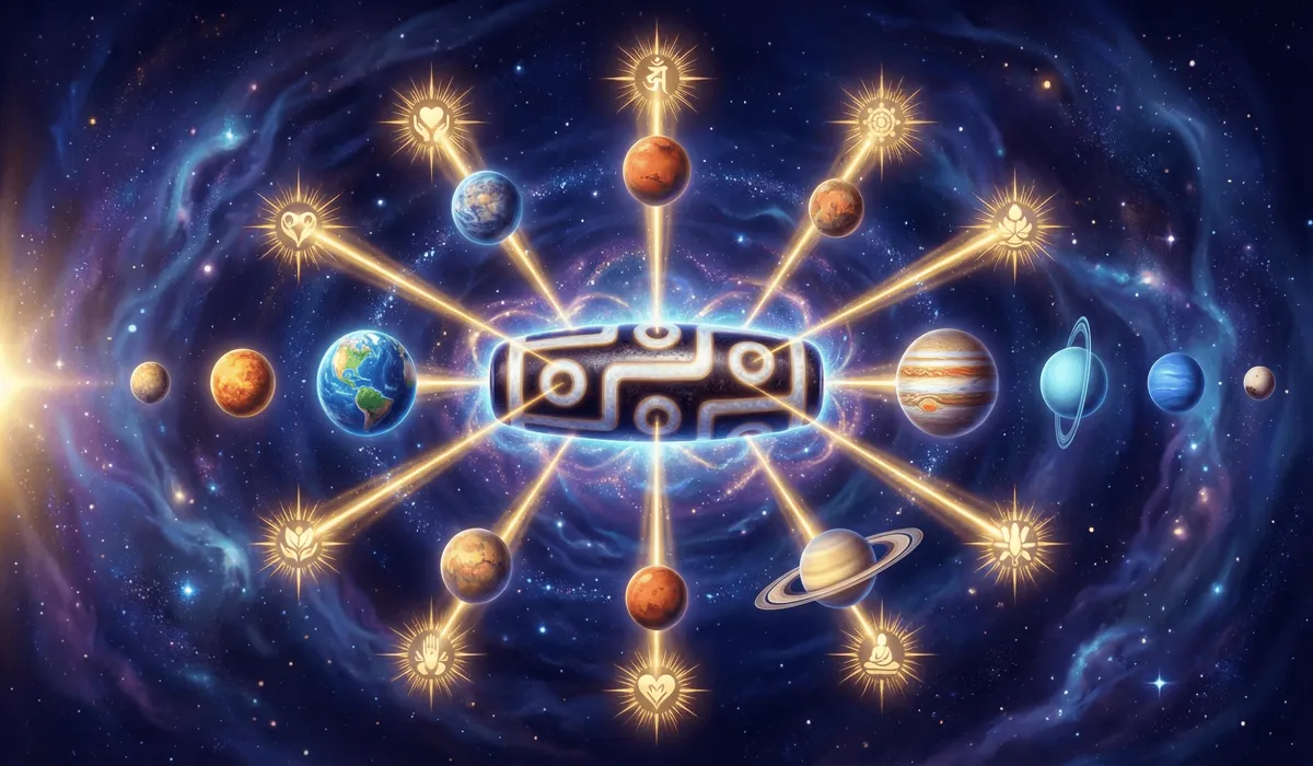 Symbolic representation of 9-eye Dzi bead benefits including cosmic harmony and spiritual protection.