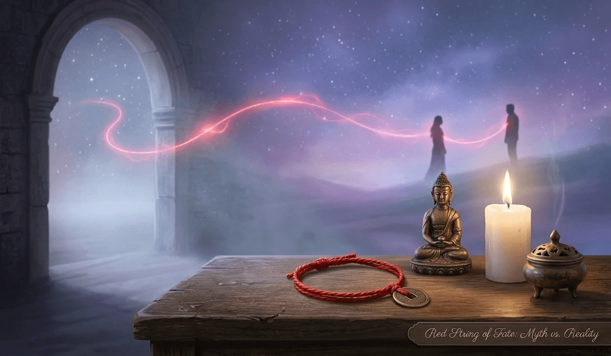 Conceptual image showing the difference between a physical Buddhist protection bracelet and the mythological Red String of Fate.