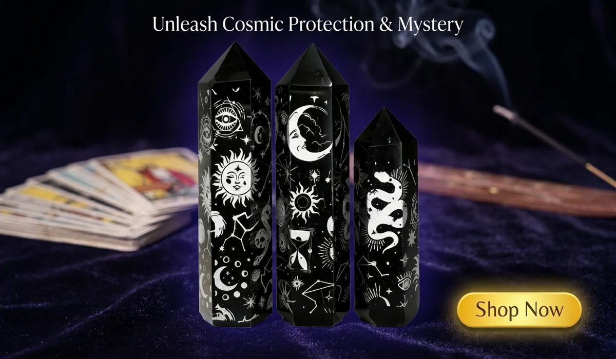 Set of 3 Silver Moon and Star Totem Obsidian Crystal Pillars with mystical engravings for spiritual home decor and energy healing