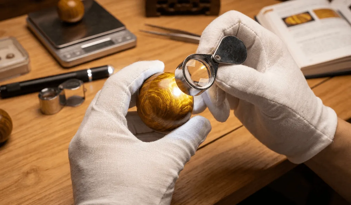 Non-destructive authentication check of Golden Silk Nanmu wood using a flashlight and magnifying lens to observe natural fiber grain.