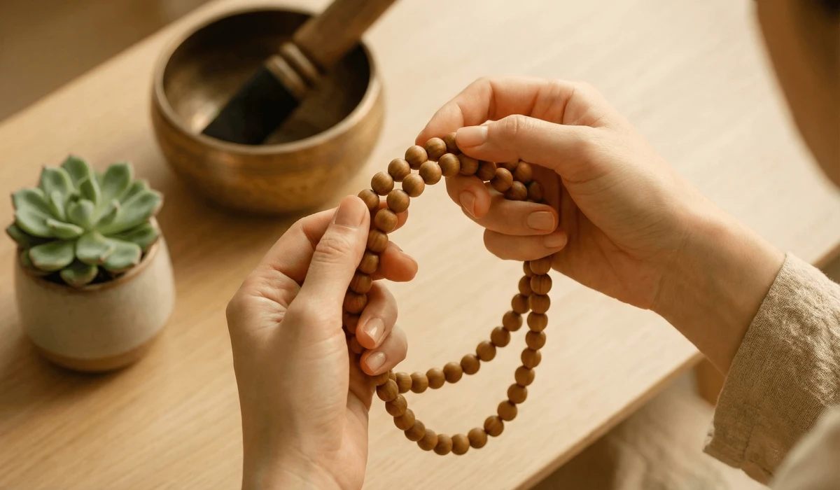 A person using sandalwood prayer beads for focus and mindfulness in a quiet meditation setting.