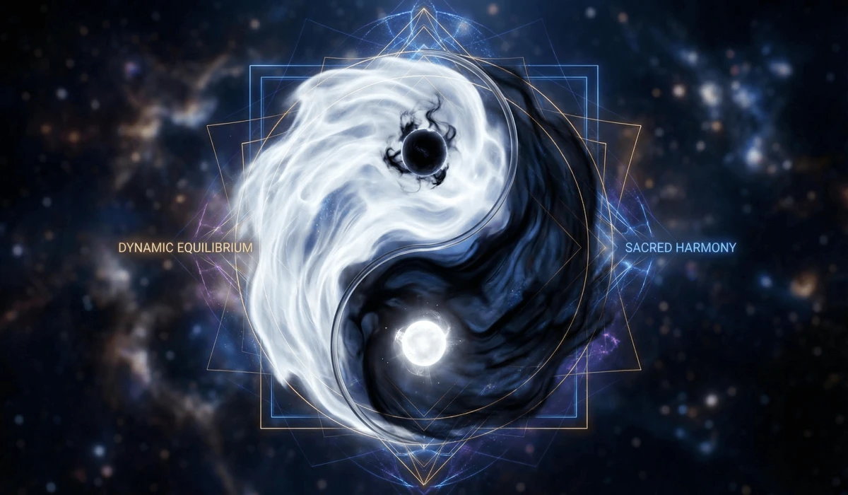 Abstract 3D Taiji symbol with fluid S-curve and glowing seeds, illustrating the philosophy of dynamic equilibrium and interdependence.