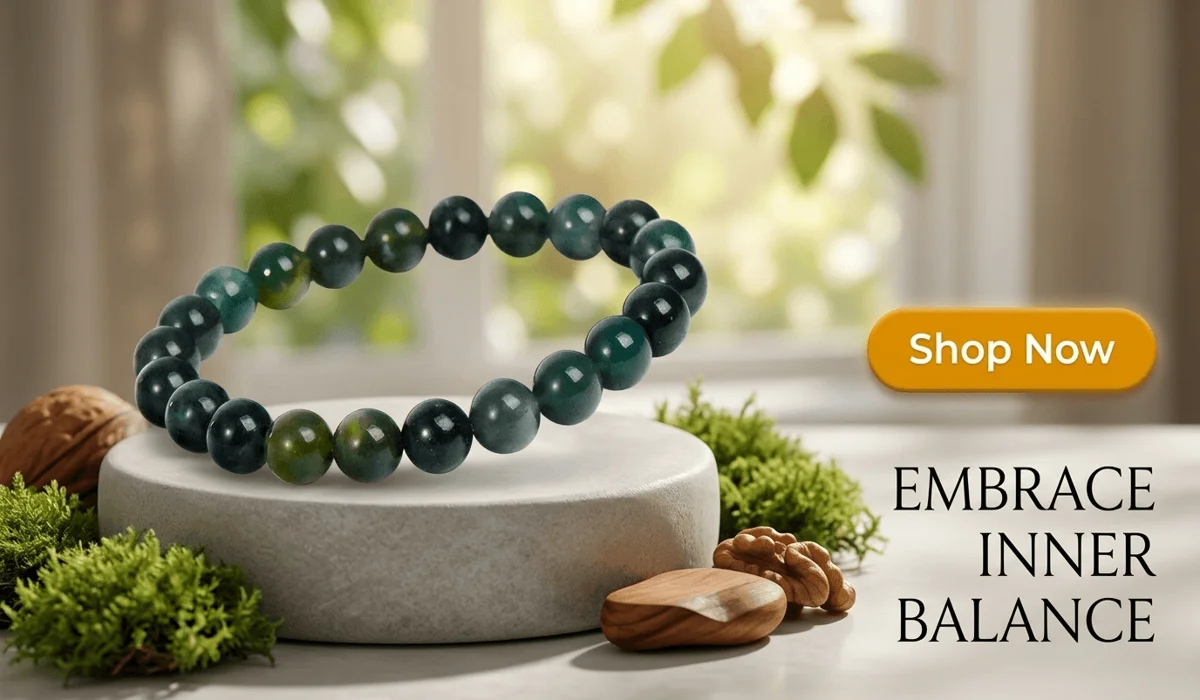High-end Moss Agate Beads Bracelet featuring natural green stone patterns on a zen-style background with a Shop Now button, representing nature's grounding force.